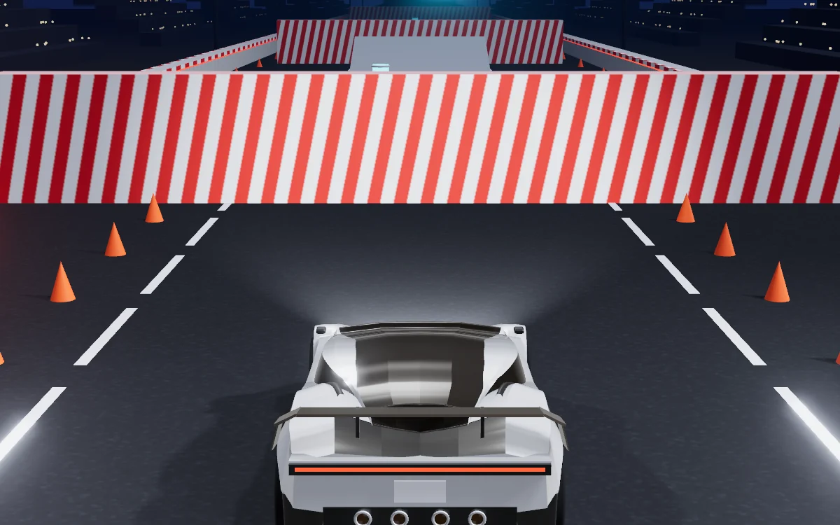 The roadster seen from behind on a floodlit night course, heading for a striped wall.