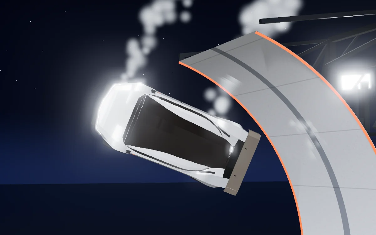 Close-up of the roadster tipping off the end of the ramp, gas venting from its nozzles.