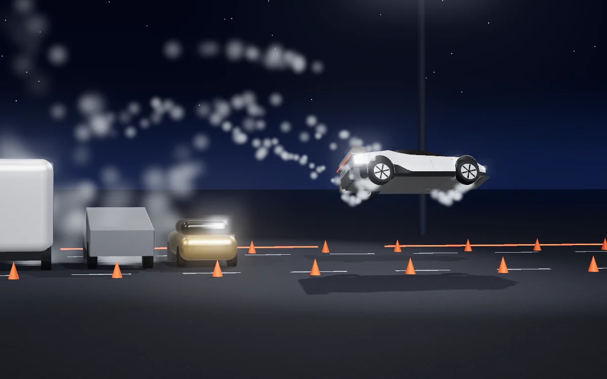 The roadster gliding down on jets past the last parked car in the row.