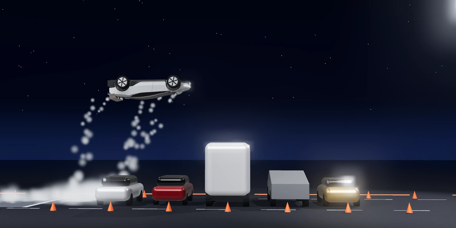 A white roadster upside down in mid-air at night, trailing jets of gas, over two sedans, a semi cab, a pickup and a small cab parked in a row.